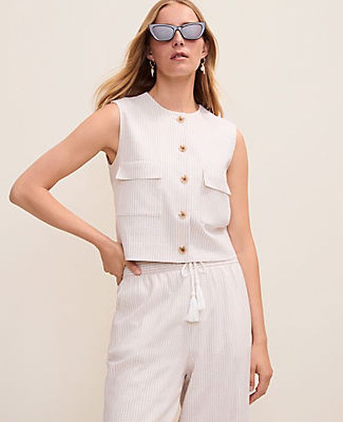 Ann Taylor Petite Weekend Striped Vest in Linen Blend