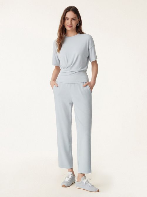 2Pcs Set Crewneck Tucked Tee & Mid Rise Tapered Pants with Pockets - Smoke Blue/Smoke / XS