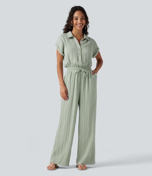 Short Sleeve Drawstring Baggy Casual Linen-Feel Jumpsuit with Pockets  - Sea Foam