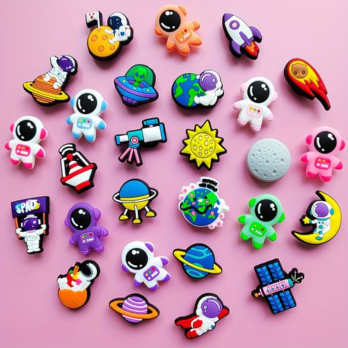 TEMU 27pcs Astronaut Series Shoe Charms - Colorful Space-themed Pvc Charms With Planets, , Planets & Cartoon For Sneakers, Bags, Hats - Durable