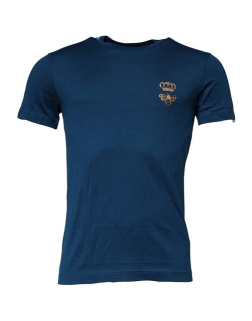 Crown Bee-Embroidered Cotton T-Shirt — Blue