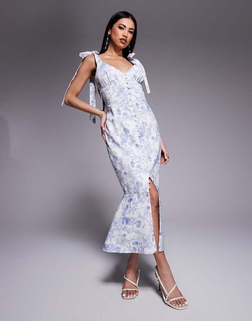 Lavish Alice satin tie strap micro button midi dress in blue porcelain print
