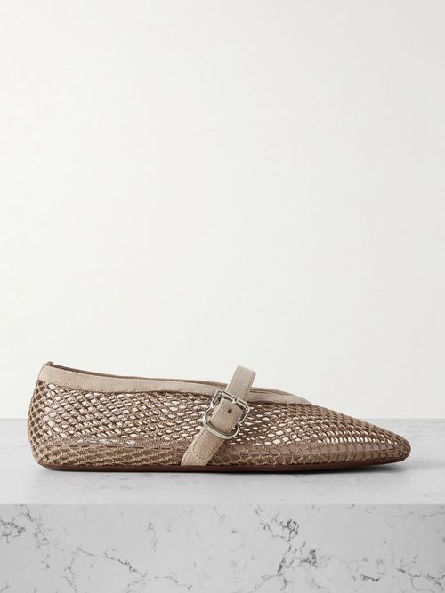 Suede-trimmed Mesh Ballet Flats - Beige