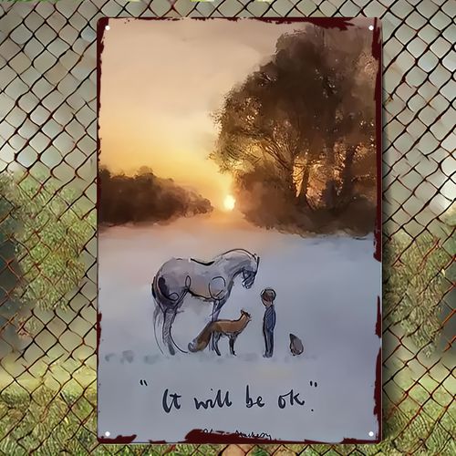 TEMU 2d Flat, Vintage Metal Wall Art Sign - 8x12 Inch Rustic Iron "it Ok" Inspirational Plaque With Scene, Horse & Fox Design For Bedroom, Living