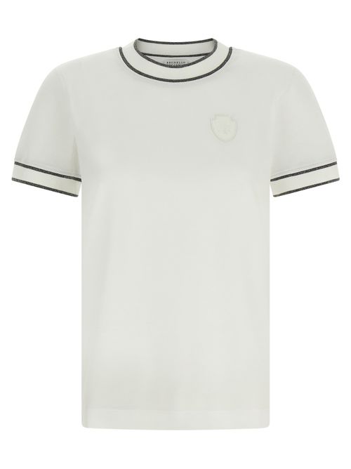 Sparkling Ribbed Trim Cotton T-Shirt — White