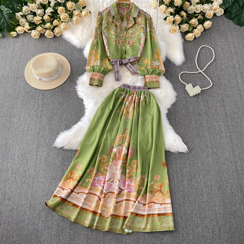 Women's Clothing New Fashion Casual Printed Suit Collar Long Sleeved Shirt + High Waist Slim Swing Skirt Two Piece Suit