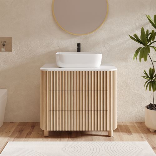 32" Fluted Freestanding Bathroom Vanity with Vessel Sink, 3-Drawers, Sintered Stone top