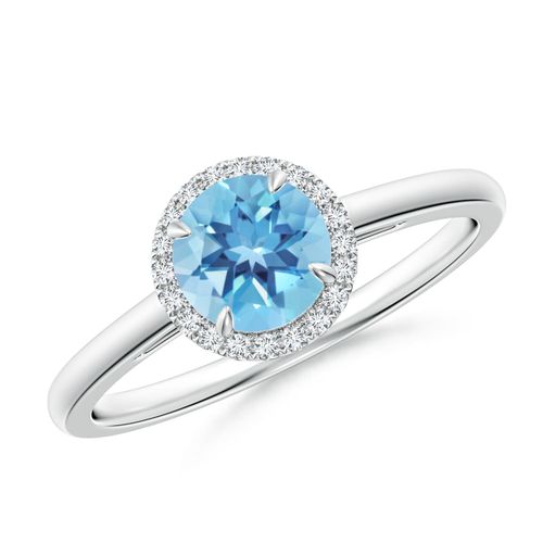 Angara 0.95 Carat Round Swiss Blue Topaz Cathedral Ring with Diamond Halo in Platinum