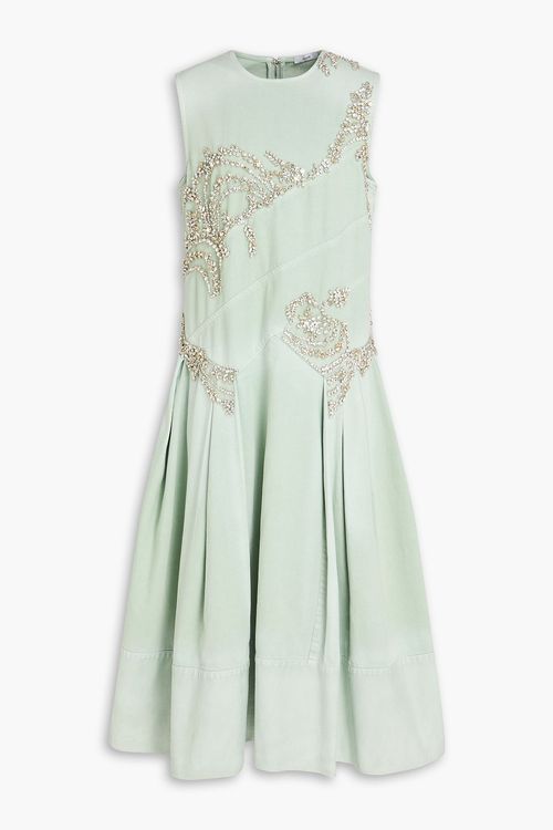 Pleated crystal-embellished denim midi dress - Green - UK 14