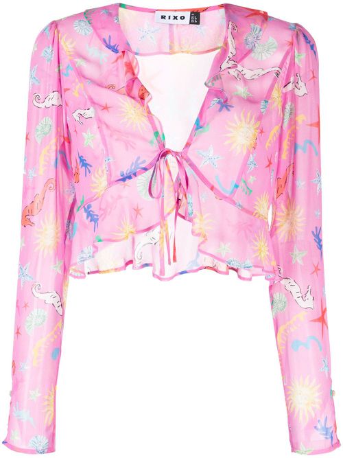 Neelu V-neck ruffled printed top - Pink