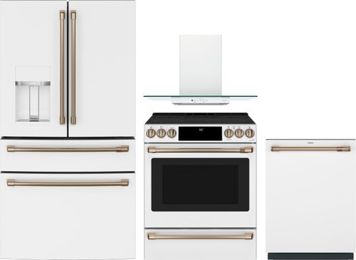 Cafe 4 Piece Kitchen Appliances Package with French Door Refrigerator, Electric Range and Dishwasher in Matte White CAFRERADWRH