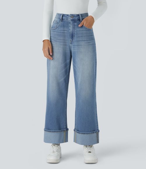 Flex™ High Waisted Pockets Rolled Hem Wide Leg Washed Casual Jeans  - Sea Blue Denim