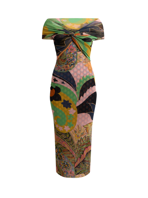 Tulle Midi Dress With Open Shoulders And Two Prints