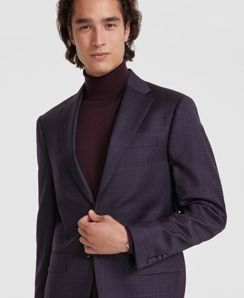 Men's Slim-Fit Wool-Blend Stretch Plaid Suit Separate Jacket - Navy Burgundy
