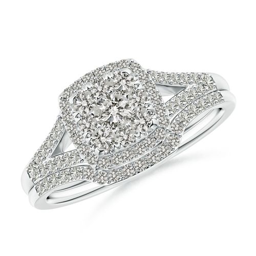 Angara 0.67 Carat Cushion Composite Diamond Halo Split Shank Bridal Set in Platinum