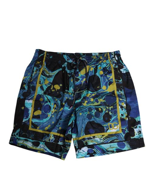 Marble Print Logo Swim Shorts — Blue