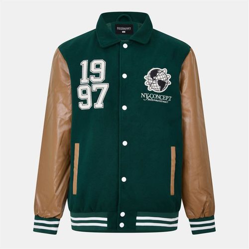 NY Concept Mens Varsity Snap Button Ribbed Cuff Jacket with Side Pocket in Green