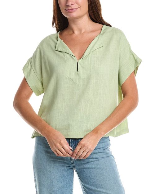 Short Sleeve Split Neck Linen-Blend Top