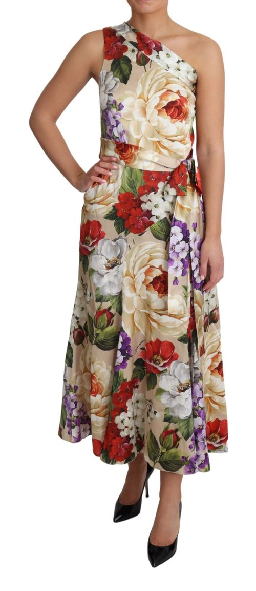 Floral Silk One-Shoulder Dress — Multicolor
