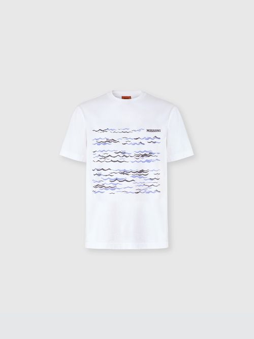 Missoni - Crew-neck cotton T-shirt with wave print and logo, Men, White & Blue
