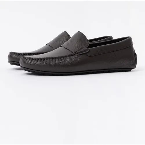 Men's BOSS Orange Noel Mens Tumbled-Leather Loafers with Driver Sole - Dark Brown