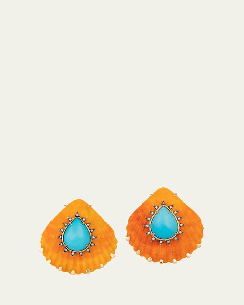 18K Yellow Gold Orange Shell Earrings with Diamonds and Turquoise