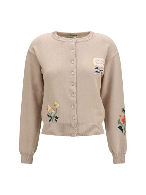 Intarsia Cotton Knit Cardigan — Beige