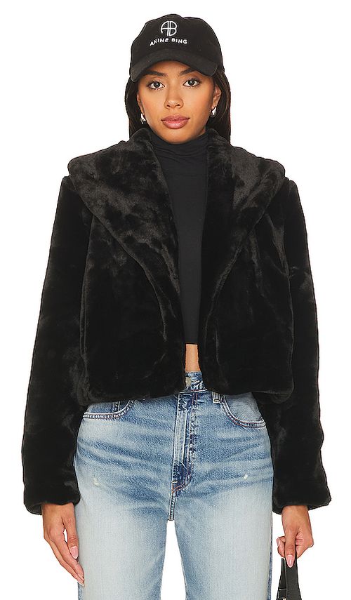 BLANKNYC Cropped Faux Fur Coat in Navy. S. Also in XS