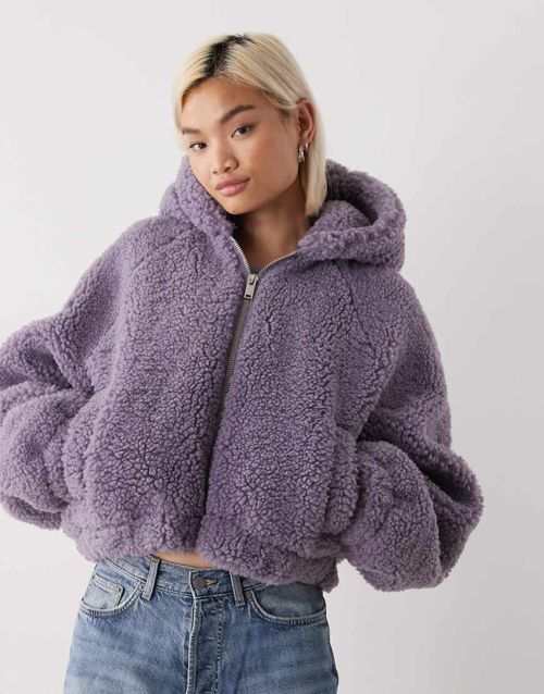 Zip up teddy hooded jacket in lilac gray