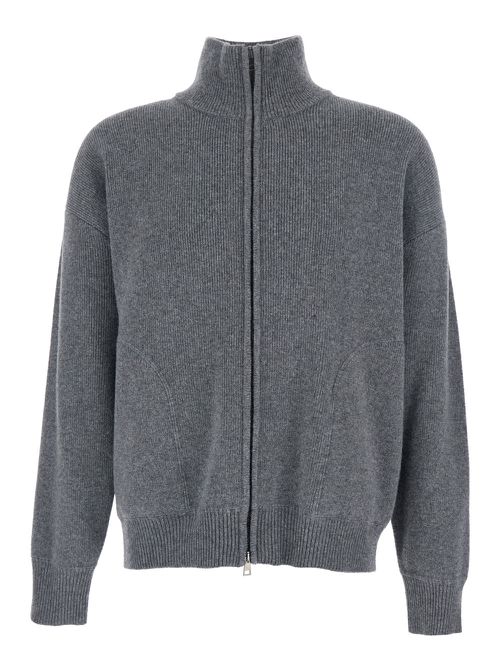 Grey Sweatshirt With Dropped Shoulders And Front Zip Closure In Wool Man
