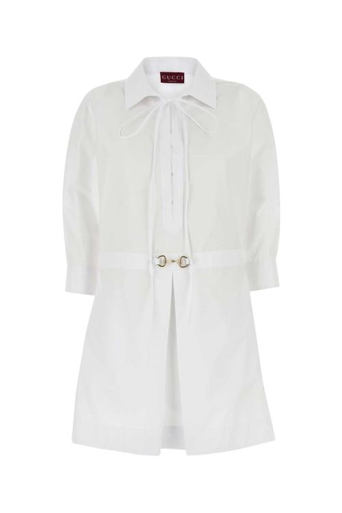 Horsebit-Accented Poplin Shirt Dress — White