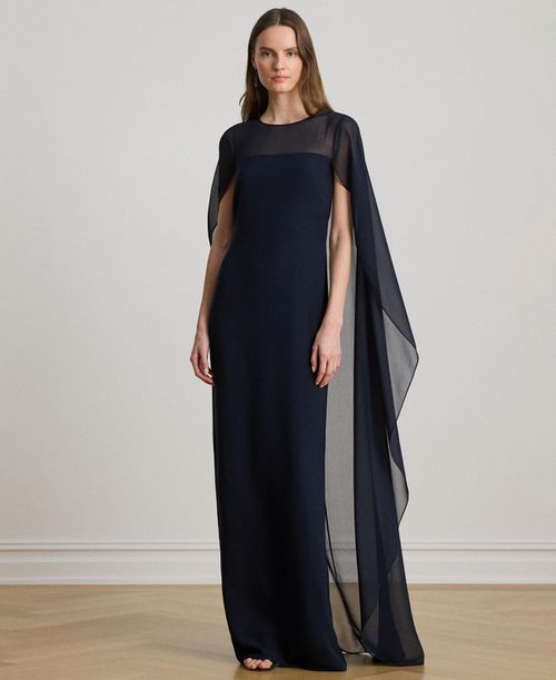 Women's Round-Neck Cape-Overlay Georgette Ball Gown - Lauren Navy