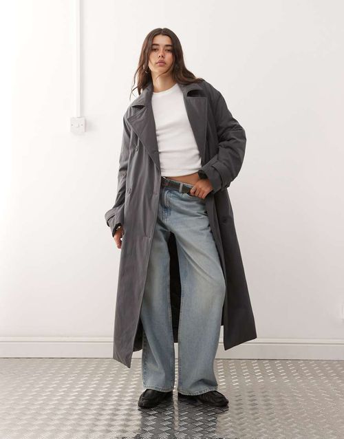 Oversized padded trench coat in dark grey