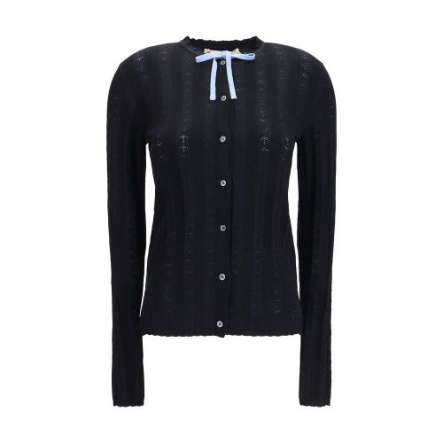 Merino Wool and Silk with Bow Cardigan — Black