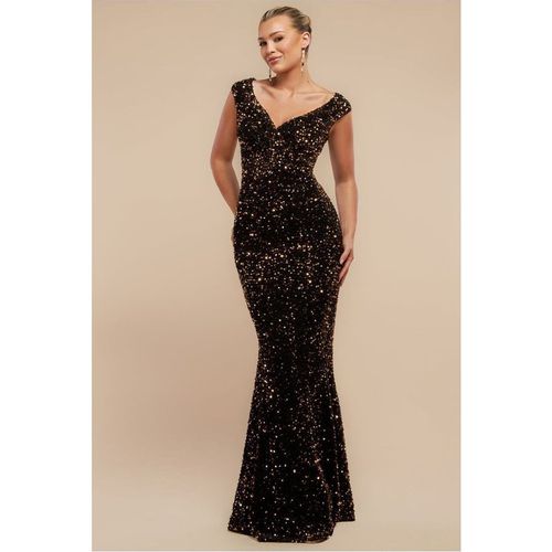 Goddiva Multi Sequin & Velvet Bardot Maxi - Gold