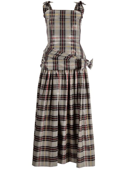 Bow-detail tartan check maxi dress - Grey