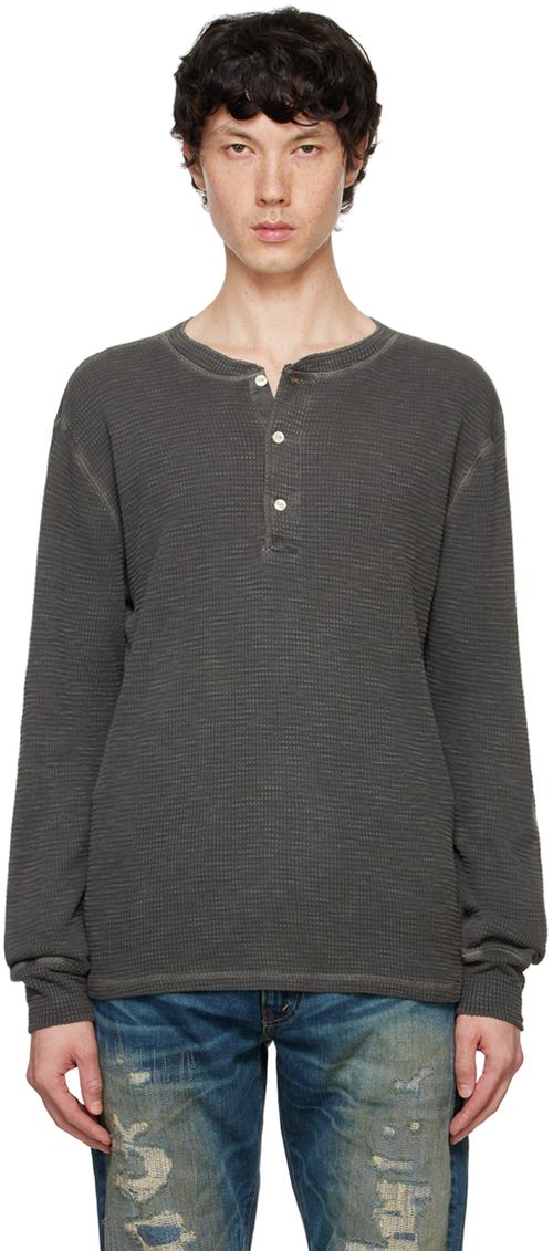 RRL Black Waffle-Knit Henley