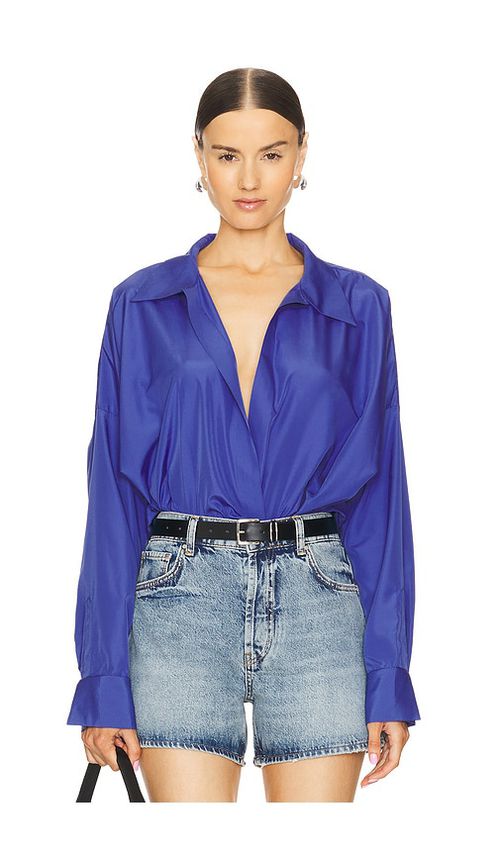 Norma Kamali Super Oversized Boyfriend Shirt Bodysuit in Blue.  XXS. Also in