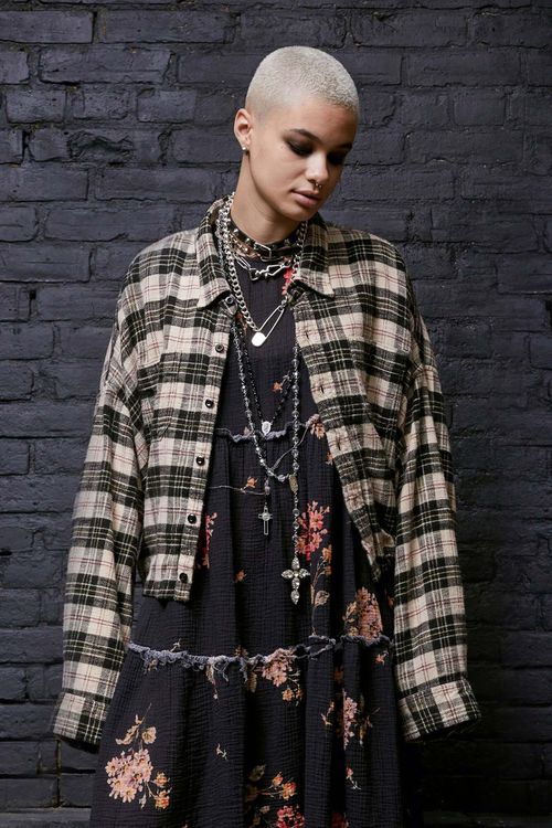 R13 Gathered Hem Workshirt - Beige/Black Plaid / L