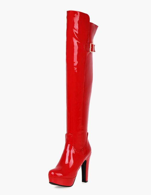 Platform Thigh High Boots Womens Round Toe Chunky Bright Leather Heel Boot