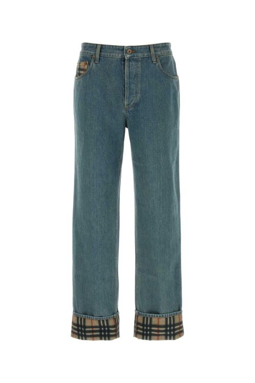 Tartan Cuff Cotton Jeans — Blue