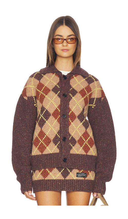 WE11DONE Knit Argyle Intarsia Cardigan in Brown. M also in