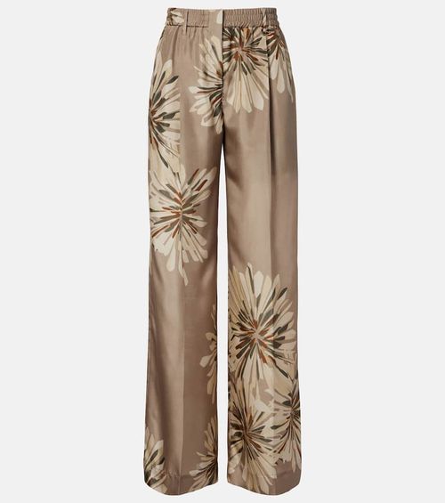 Floral silk pongee wide-leg pants