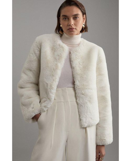 Women's Collarless Faux Fur Jacket - Ivory