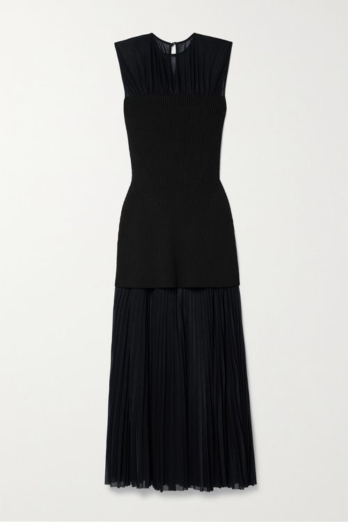 Niki Layered Pleated Jersey And Ribbed-knit Midi Dress - Blue