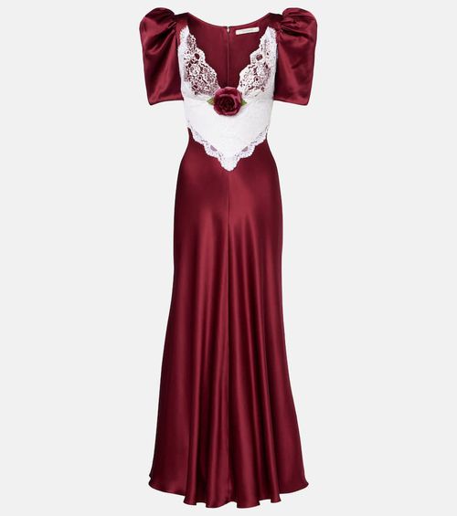Floral-appliqué lace-trimmed silk gown