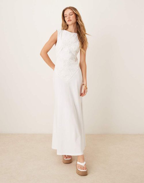 Sleeveless crochet patchwork maxi dress in white