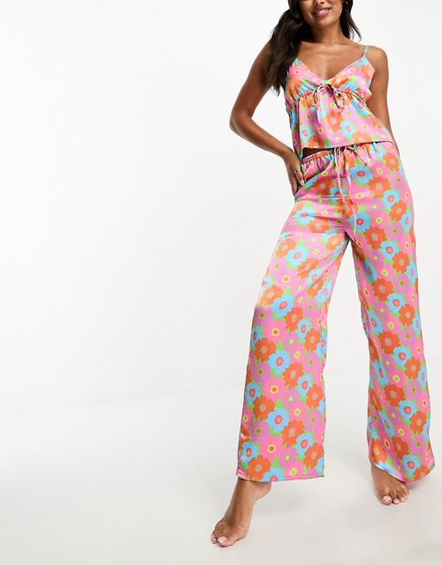 Strappy cami and wide leg pants pajama set in retro floral print-Multi