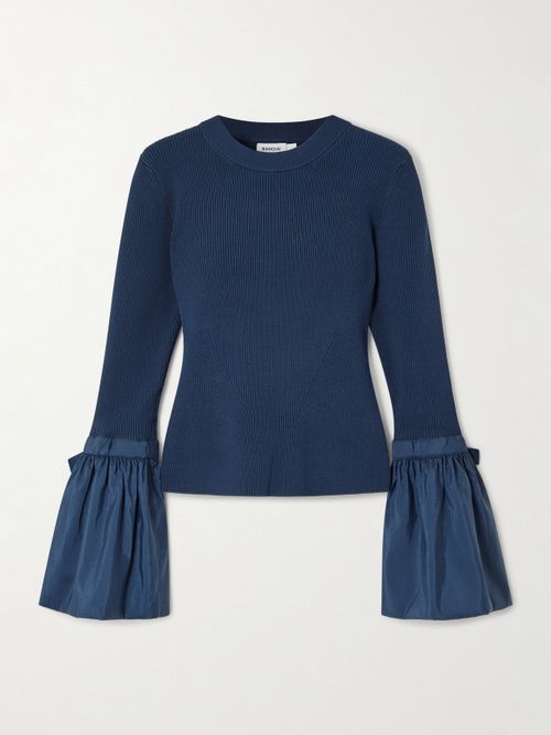 Agata Taffeta-trimmed Ribbed-knit Sweater - Blue