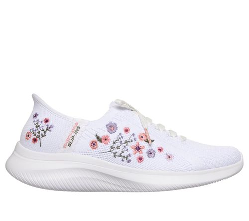 Skechers Women's Slip-ins: Ultra Flex 4.0 - Sweet Petals Sneaker in White, 3.5 | Textile/Synthetic, Vegan, Machine Washable
